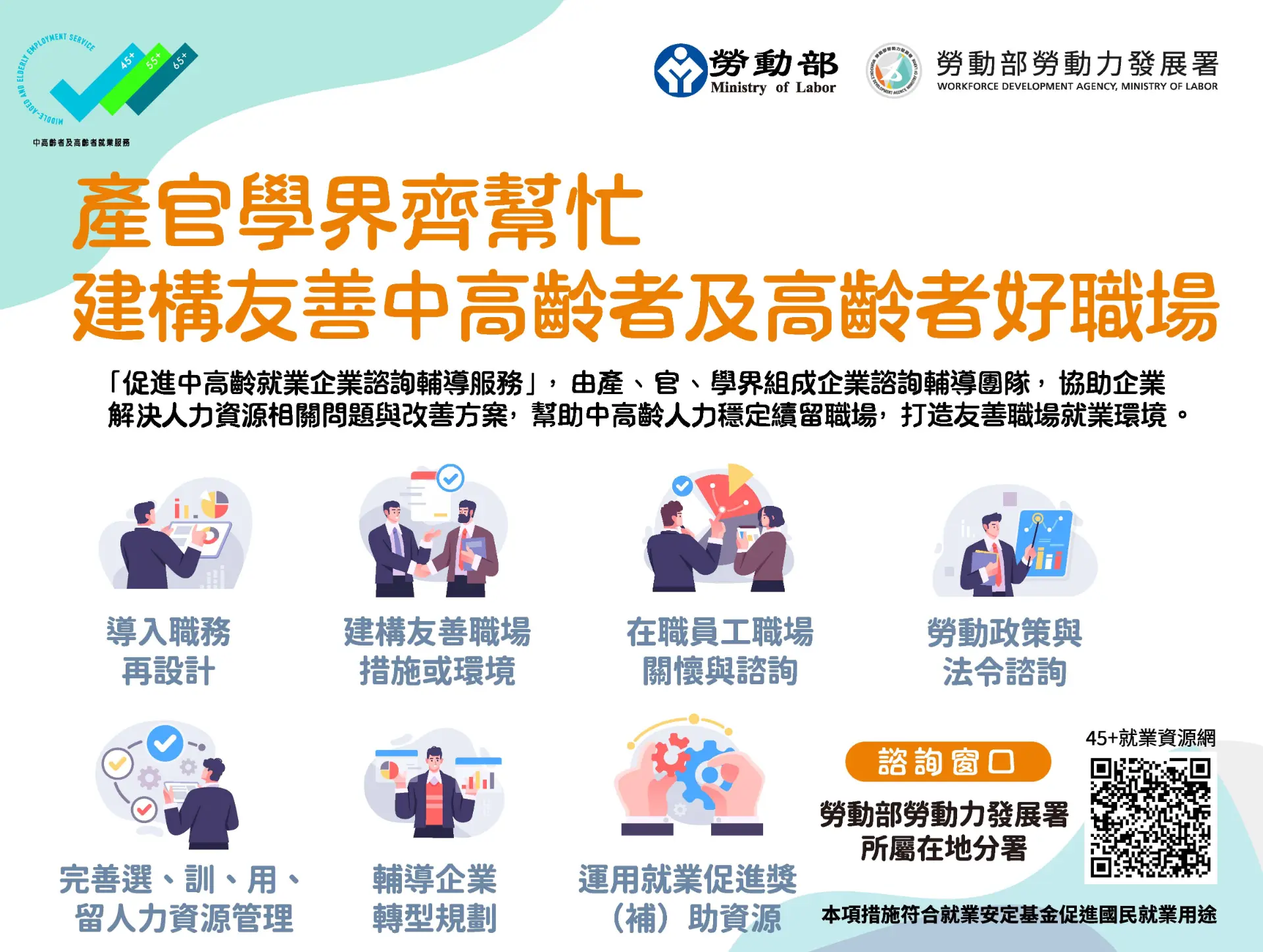 產官學界齊幫忙 建構友善中高齡者及高齡者好職場宣導海報
